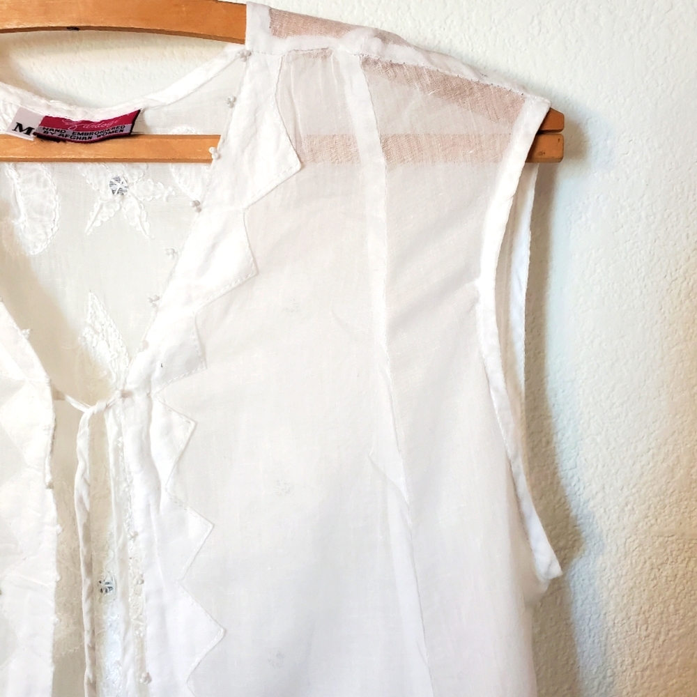 M White Cotton Zardosi Embroidered Vest Sheer Boho Swim Cover Up